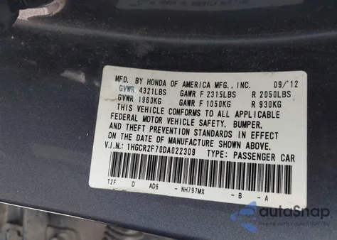 2013 Honda Accord Ex z USA, uszkodzony, nr VIN 1HGCR2F70DA022309